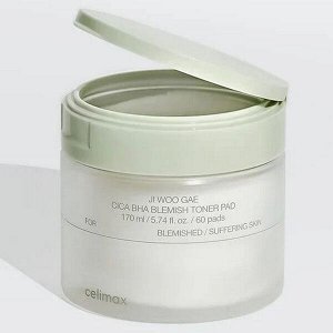 Тонер-пэды от воспалений для проблемной кожи Celimax Ji Woo Gae Cica BHA Blemish Toner Pad, 60шт (170мл)