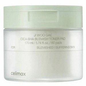 Тонер-пэды от воспалений для проблемной кожи Celimax Ji Woo Gae Cica BHA Blemish Toner Pad, 60шт (170мл)