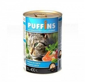 Puffins конс 415гр для кошек Рыбное ассорти Желе