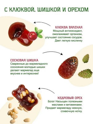 Мармелад сосновый ассорти (с клюквой, сосновой шишкой, кедровым орехом) флоу-пак крафт-коробка 250 г