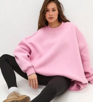 Свитшот трикотажный свободный на флисе однотонный, розовый