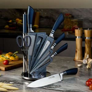 Профессиональный набор кухонных ножей с ножницами и мусатом на подставке, 8 предметов, 1 шт.