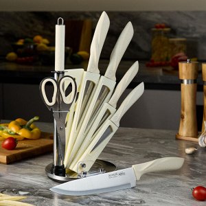 Профессиональный набор кухонных ножей с ножницами и мусатом на подставке, 8 предметов