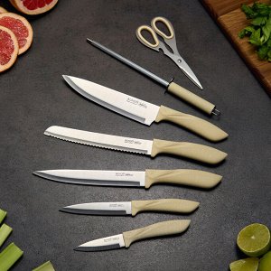 Профессиональный набор кухонных ножей с ножницами и мусатом на подставке, 8 предметов