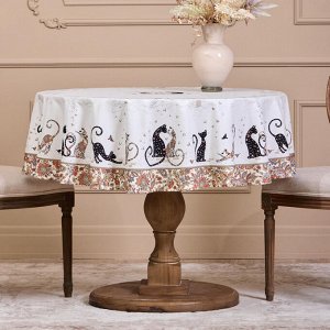 Круглая скатерть "Парижские коты", 150 см, белый твилл с пропиткой, 1 шт.