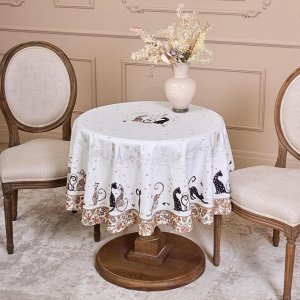 Круглая скатерть "Парижские коты", 150 см, белый твилл с пропиткой, 1 шт.