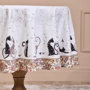 Круглая скатерть "Парижские коты", 150 см, белый твилл с пропиткой, 1 шт.