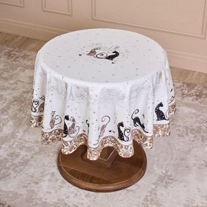 Круглая скатерть "Парижские коты", 150 см, белый твилл с пропиткой, 1 шт.