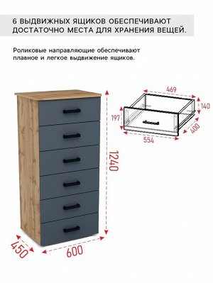 Комод для хранения «Клик Мебель» №5, 600x450x1250 мм, цвет дуб вотан/тёмно - серый
