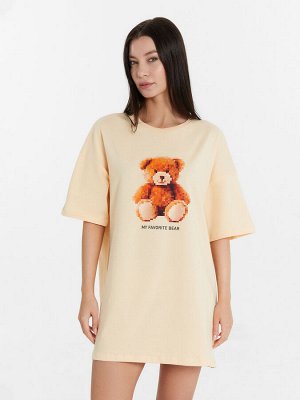 Туника женская домашняя бежевая с принтом и надписью "My favorite bear"