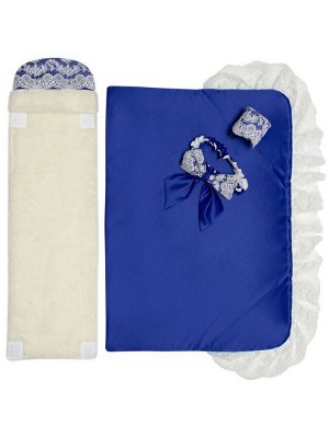 Зимний конверт-одеяло на выписку "Милан" (синий с белым кружевом)
