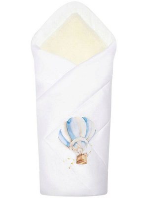 Зимний конверт-одеяло на выписку "Зайка на воздушном шаре" (белое, принт без кружева)
