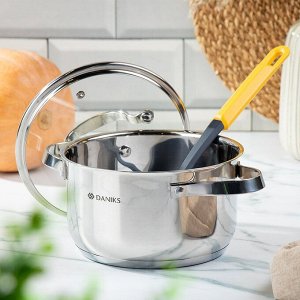 Кастрюля нержавеющая сталь, 2.6 л, с крышкой, крышка стекло, Daniks, Элегант, GS-01338-18CA-2, индукция