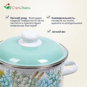 Кастрюля эмалированная сталь, 3 л, с крышкой, крышка сталь, цилиндрическая, СтальЭмаль, Монантес, 6RD181M, белоснежная, индукция