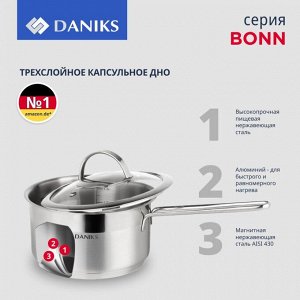 Набор посуды нержавеющая сталь, 6 предметов, кастрюли 3.4, 5.8 л,ковш 1.8 л, индукция, Daniks, Бонн, GS-01319-6PC