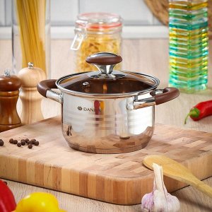 Кастрюля нержавеющая сталь, 2 л, крышка стекло, Daniks, Веллингтон, GS-01415-16CA, серебристая, индукция