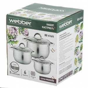 Набор посуды нержавеющая сталь, 6 предметов, 2.1, 2.9, 3.9 л, индукция, Webber, BE-616/6