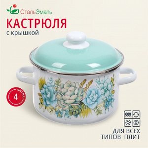 Кастрюля эмалированная сталь, 4 л, с крышкой, крышка сталь, цилиндрическая, СтальЭмаль, Монантес, 6RD201M, белоснежная, индукция