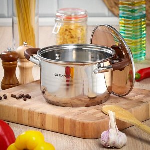 Кастрюля нержавеющая сталь, 2.8 л, с крышкой, крышка стекло, Daniks, Веллингтон, GS-01415-18CA, серебристая, индукция