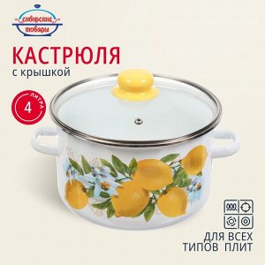 Кастрюля эмалированная сталь, 4 л, крышка стекло, цилиндрическая, Сибирские товары, Лимоны, 1MD201S, индукция