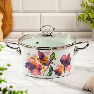 Кастрюля эмалированная сталь, 4 л, крышка стекло, цилиндрическая, Daniks, Iris, Y4-9064, индукция