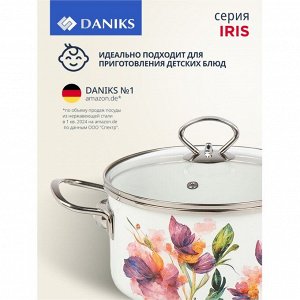 Кастрюля эмалированная сталь, 3 л, крышка стекло, цилиндрическая, Daniks, Iris, Y4-9063, индукция
