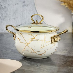 Кастрюля эмалированная сталь, 2.5 л, крышка стекло, Daniks, Белый мрамор, Y4-8963, индукция