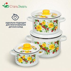 Набор посуды эмалированная сталь, 3 предмета, кастрюли 1.5,2.9,4.5 л, индукция, СтальЭмаль, Земляника, 1с144