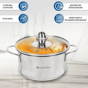 Кастрюля нержавеющая сталь, 1 л, крышка стекло, Daniks, GS-01311-14CA/SD-514, индукция