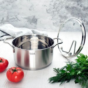 Кастрюля нержавеющая сталь, 3 л, с крышкой, крышка стекло, Taller, Инесс, TR-17257, индукция