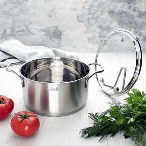 Кастрюля нержавеющая сталь, 1.5 л, с крышкой, крышка стекло, Taller, Инесс, TR-17255, индукция