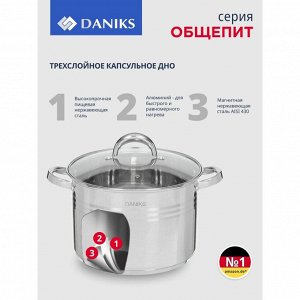 Кастрюля нержавеющая сталь, 10 л, с крышкой, крышка стекло, Daniks, Общепит, SD-6BP-10, индукция