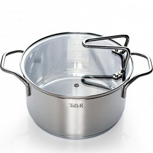 Кастрюля нержавеющая сталь, 5 л, с крышкой, крышка стекло, Taller, Инесс, TR-17258, индукция