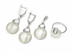 Кольцо Серьги и Кулон С925 с кошачьим глазом белый, размер 16, 18,5г