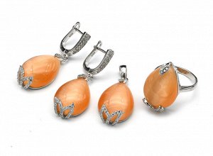 Кольцо Серьги и Кулон С925 с кошачьим глазом и фианитами оранжевый, размер 16,5, 21,1г