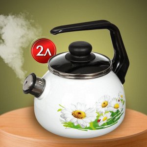 Чайник сталь, эмалированное покрытие, 2 л, со свистком, ручка консольная, СтальЭмаль, Ромашки лето, индукция, 4с210я