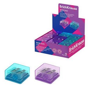 Точилка пластиковая с контейнером два отверстия Base Duo, Vivid ассорти 60081 ErichKrause