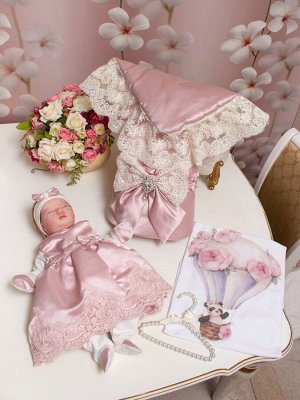 Комплект на выписку "Принцесса" комбинезон и платье (Утренняя роза розовое с розовым кружевом)