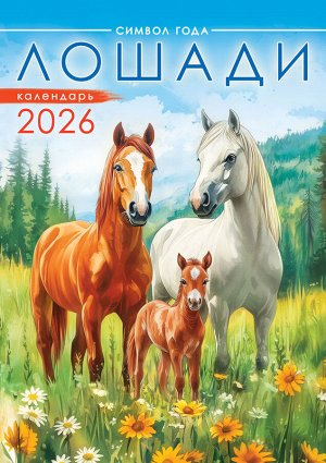 Перекидной настенный календарь на ригеле на 2026 год "Символ года. Лошади. Акварель"