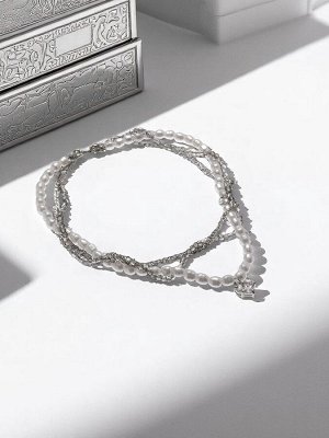 Колье «Акцент» сердце, многослойное, бело-серое в серебре