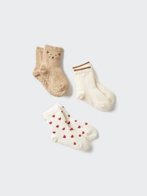 UNIQLO - короткие носочки с противоскользящим покрытием для малышей (3 пары) - 31 BEIGE