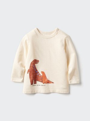 UNIQLO - хлопковый лонгслив с динозавром - 01 OFFWHITE
