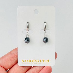 Серьги двойные из Гематита и Горного Хрусталя