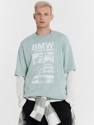 Футболка мужская мятная с обработкой эйсид и принтом BMW 2002 TURBO