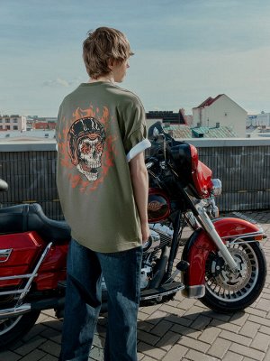 Футболка мужская хаки с принтом и надписью "let's ride"