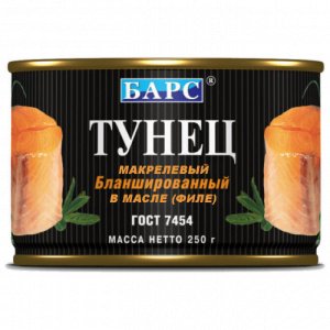 Тунец макрелевый в масле филе Барс 185г банка №38 ключ