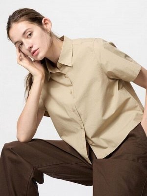UNIQLO Хлопковая короткая рубашка, бежевый