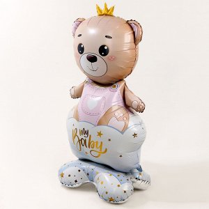 Воздушный шар фольгированный 62" «Мишка в короне — девочка», фигура, на подставке