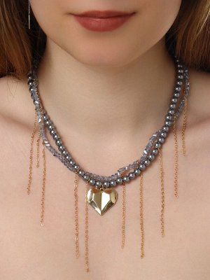 Колье «Акцент» сердце макси, многослойное, серое в золоте