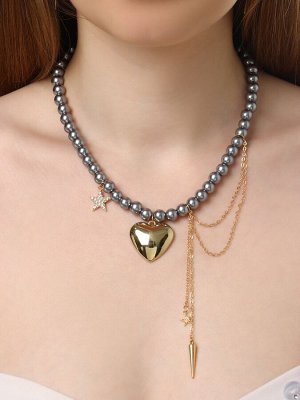 Колье «Акцент» сердце и звезда, под гематит, многослойное, серое в золоте